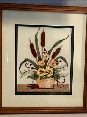 Vintage Crewel Embroidery Wall Art 
 Floral Basket Wood Frame Boho Cottage